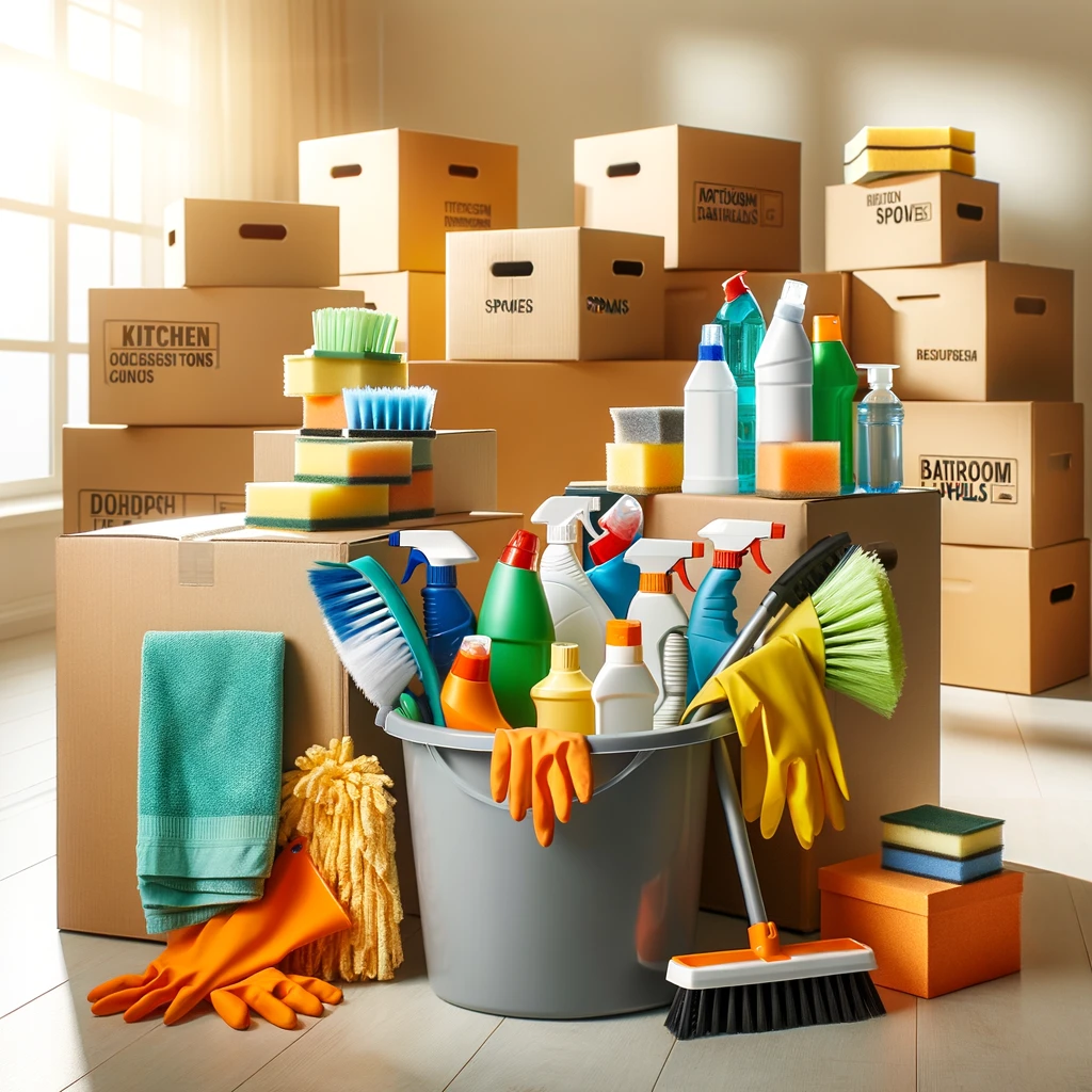 Packed up boxes and cleaning supplies representing a move-out cleaning.